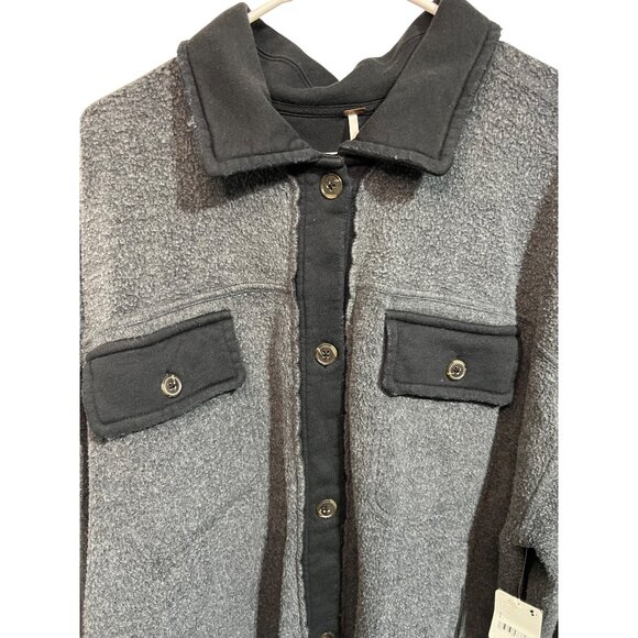 Free People Washed Black Fleece Shirt Jacket With Button Front Style - Size L - Picture 2 of 10